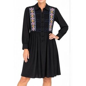 Passports of Pier 1 Imports VTG Dress Black Midi Floral Embroidered Size S